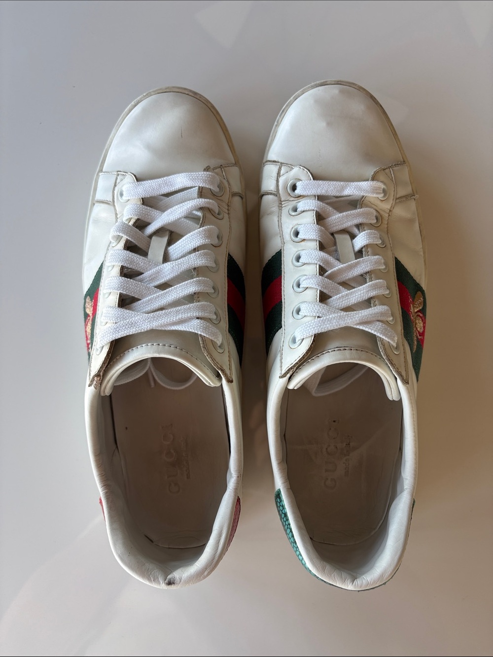 Gucci White Leather Sneakers with Green and Red Web and Gold Bee - Picture 6 of 8